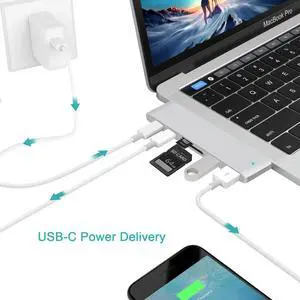 LUOM Dual Type C Hub Adapter, 6 in 1 Aluminum USB C Hub Adapter with 2 USB3.0 Ports, SD/Micro SD Card Reader,2x Type C Charger Port for 2016/2017 MacBook Pro, Google Chromebook (Silver)