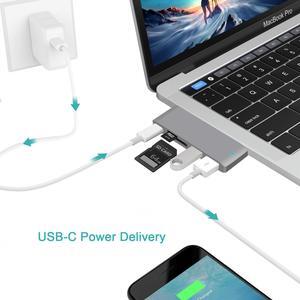 LUOM USB C Adapter, 5 in 1 Aluminum Adapter with Type C Hub Charger, 2 USB 3.0 Ports, SD/Micro SD Card Reader for 2017/2016 Macbook pro 13" 15", USB C 5Gbps Data, Micro Card Reader (Gray)