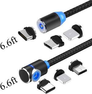 LUOM Magnetic USB Charging Cable Micro USB Type C Lighting with LED, Multi 3-in-1 Cable Charger for Android Phone,Multiple Charging Adapters.Fast Charge,(2-Pack,6.6ft) - (Black)