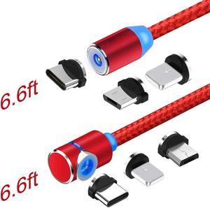 LUOM Magnetic Phone Charging Cable, 3 in 1 Cable(2 Pack,6.6 ft Straight Cable, 6.6 ft L Shape Cable)  for Android Phone,Multiple Charging Adapters.Fast Charge, Red