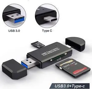 LUOM SD/Micro SD Card Reader, USB3.0 Type C OTG Adapter Portable Memory Card Reader for SDXC, SDHC, SD, MMC, RS-MMC, Micro SDXC, Micro SD, Micro SDHC Card and UHS-I Cards (Black)