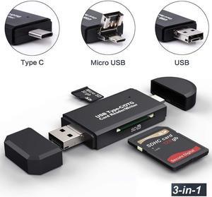 LUOM SD/Micro SD Card Reader, 3-in-1 USB2.0/Type-C/Micro-USB OTG Adapter Portable Memory Card Reader for SDXC, SDHC, SD, MMC, RS-MMC, Micro SDXC, Micro SD, Micro SDHC Card and UHS-I Cards (Black)