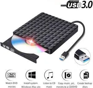 LUOM Diamond Pattern External CD Drive USB 3.0 Portable High-Speed DVD±RW/CD±RW Reader/Burner/Player/Writer for PC Desktop/Laptop/Linux/Notebook Windows 10/8/7/XP/Vista(Black)