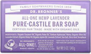 Dr. Bronners - Pure-Castile Bar Soap (Lavender, 5 ounce) - Made with Organic Oils, For Face, Body and Hair, Gentle and Moisturizing, Biodegradable, Vegan, Cruelty-free, Non-GMO