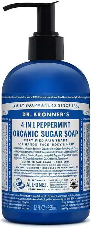 Organic Sugar Soap (Peppermint, 12 oz) - Made with Organic Oils, Sugar & Shikakai Powder, 4-in-1 Uses: Hands, Body, Face & Hair, Cleanses, Moisturizes & Nourishes, Vegan, Non-GMO - Pack of 2