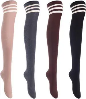 Lian LifeStyle Big Girls' Women's 4 Pairs Exquisite Thigh High Cotton In Vibrant Unique Colors Socks LBG1022 Size 6-9 (Black,Coffee,DarkGrey,Khaki)4c2