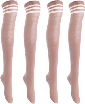 Lian LifeStyle Women's 4 Pairs Adorable, Fashionable, Super Comfortable and Ultra-Soft Thigh High Natural Cotton Socks LW1022 Size 6-9 (Khaki) 4p1c4