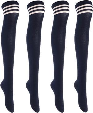 Lian LifeStyle Big Girls' Women's 4 Pairs Exquisite Thigh High Cotton In Vibrant Unique Colors Socks LBG1022 Size 6-9 (Navy)