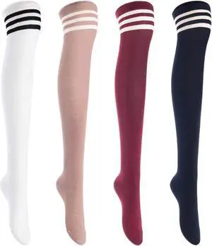 Lian LifeStyle Women's 4 Pairs Adorable, Super Comfortable and Ultra-Soft Thigh High Natural Cotton Socks Size 6-9 (Navy,Wine,Khaki,White) 4c3