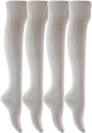 Lian LifeStyle Women's 4 Pairs Adorable, Fashionable, Super Comfortable and Ultra-Soft Thigh High Natural Cotton Socks L1024 Size 6-9 (Light Grey)