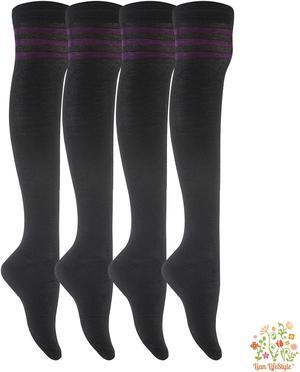 Lian LifeStyle Women's 4 Pairs  Adorable, Fashionable, Super Comfortable and Ultra-Soft ThigH High Natural Socks RX Size 6-9 (Purple Strip)
