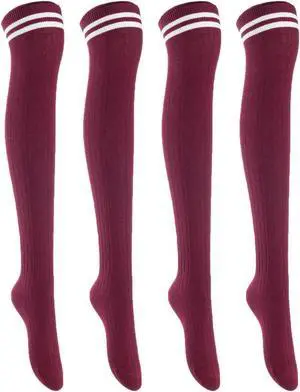 Lian LifeStyle Women's 4 Pairs Adorable, Fashionable, Super Comfortable and Ultra-Soft Thigh High Natural Cotton Socks LW1023 Size 6-9 (Wine)