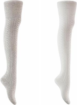 Lian LifeStyle Women's 2 Pairs Super Comfortable And Fashionable Thigh High Cotton Socks for everyday relaxed feet LW1025 Size 6-9 (Cream+White)