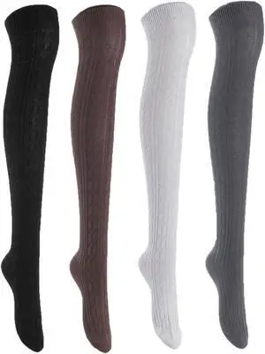 Lian LifeStyle Women's 4 Pairs Adorable, Super Comfortable and Ultra-Soft Thigh High Cotton Socks LW1024 Size 6-9 (Black,Coffee, Grey, DarkGrey)