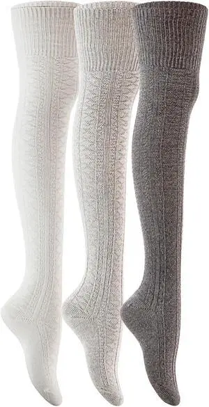 Lian LifeStyle Women's 3 Pairs Adorable, Super Comfortable and Ultra-Soft Thigh High Cotton Natural Socks L1025-03 Size 6-9(Dark Grey,Grey,CreamWhite)