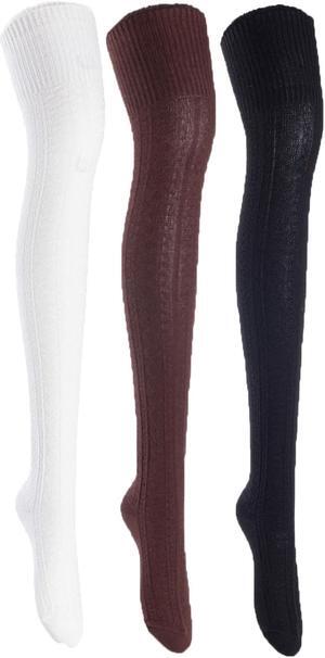 Lian LifeStyle Women's 3 Pairs Fashion, Super Comfortable and Ultra-Soft Thigh High Natural Cotton Socks L1025 Size 6-9(Cream,Coffee,Black)