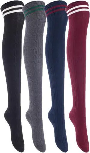 Lian LifeStyle Women's 4 Pairs Adorable, Super Comfortable and Ultra-Soft Thigh High Cotton Socks Size 6-9 LW1023 (Black,DarkGrey,Navy,Wine)