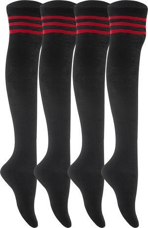 Lian LifeStyle Women's 4 Pairs Adorable, Fashionable, Super Comfortable and Ultra-Soft Thigh High Natural Cotton Socks RX Size 6-9 (Red Strip)