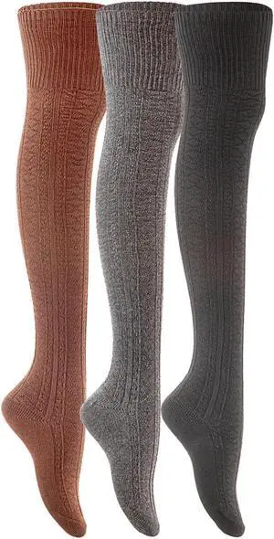 Lian LifeStyle Women's 3 Pairs Adorable, Super Comfortable and Ultra-Soft Thigh High Cotton Natural Socks L1025-07 Size 6-9 (Coffee,DarkGrey,Black)