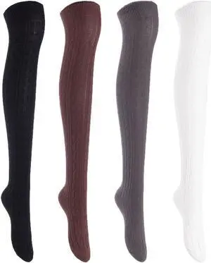 Lian LifeStyle Big Girl's Women's 4 Pairs Exquisite And Super Comfortable Thigh High Cotton Socks In Vibrant Unique Color Size 6-9 (Assorted)