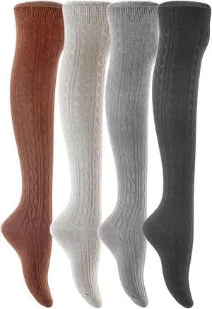 Lian LifeStyle Women's 4 Pairs Adorable, Super Comfortable and Ultra-Soft Thigh High Cotton Socks L1024 Size 6-9 4C-03(Black,Coffee,Grey,DarkGrey)