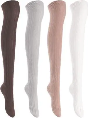 Lian LifeStyle Women's 4 Pairs Adorable Super Comfortable and Ultra-Soft Thigh High Natural Cotton Socks Size 6-9 L1024 4C-06(Coffee,Grey,Khaki,White)