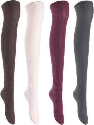 Lian LifeStyle Big Girls' Women's 4 Pairs Exquisite Thigh High Cotton Socks In Vibrant Unique Color LBG1024 Size 6-9(Coffee,Beige,Wine, Dark Grey)