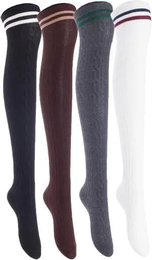 Lian LifeStyle Women's 4 Pairs Adorable, Super Comfortable and Ultra-Soft Thigh High Cotton Socks Size 6-9 LW1023 (Black,Coffee,DarkGrey,White)