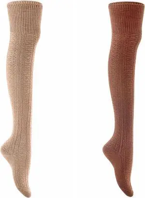 Lian LifeStyle Women's 2 Pairs Super Comfortable And Fashionable Thigh High Cotton Socks for everyday relaxed feet LW1025Size 6-9 (Coffee+Beige)