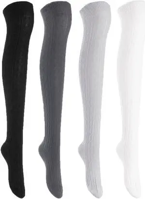 Lian LifeStyle Women's 4 Pairs Adorable, Super Comfortable and Ultra-Soft Thigh High Cotton Socks L1024 Size 6-9 4C-07(Black,Dark Grey,Grey,CreamWhite)