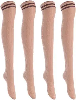 Lian LifeStyle Women's 4 Pairs Adorable, Fashionable, Super Comfortable and Ultra-Soft Thigh High Natural Cotton Socks LW1023 Size 6-9 (Khaki)