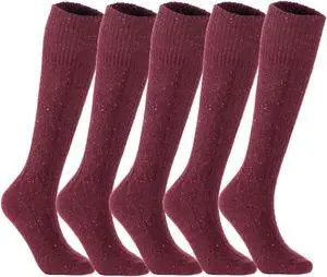 Lian LifeStyle Big Girl's Women's 5 Pairs Exceptional, Non-Slip, Cozy and Cool Knee High Wool Socks HR1412 Size 6-9 (Wine)