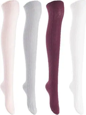 Lian LifeStyle Women's 4 Pairs Adorable, Super Comfortable and Ultra-Soft Thigh High Natural Cotton Socks Size 6-9 L1024 (Beige,Light Grey,Wine,White)