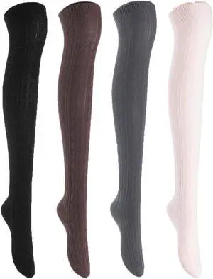 Lian LifeStyle Women's 4 PairsAdorable, Fashionable, and Ultra-Soft Thigh High Natural Cotton Socks LW1024 Size 6-9 (Random Color)