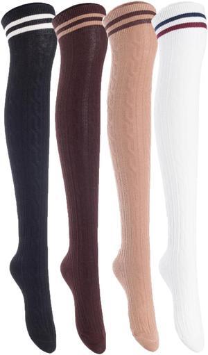 Lian LifeStyle Women's 4 Pairs Adorable, Super Comfortable, Ultra-Soft Thigh High Natural Cotton Socks Size 6-9 LW1023 (Black,Coffee,Khaki,White)