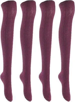 Lian LifeStyle Women's 4 Pairs Adorable, Fashionable, and Ultra-Soft Thigh High Natural Cotton Socks LW1024 Size 6-9 (Wine)