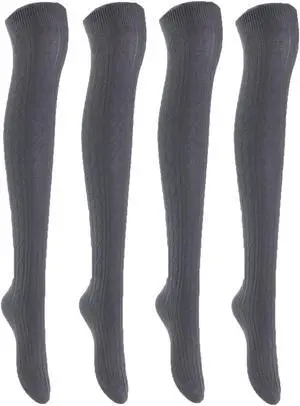 Lian LifeStyle Big Girl's Women's 4 Pairs Exquisite And Super Comfortable Thigh High Cotton Socks In Vibrant Unique Color Size 6-9 (Dark Grey)