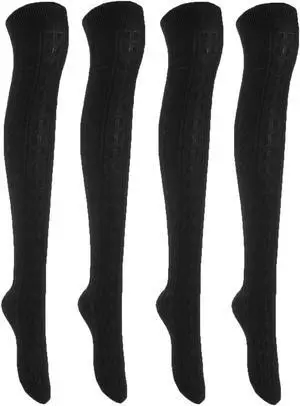 Lian LifeStyle Women's 4 Pairs Adorable, Fashionable, and Ultra-Soft Thigh High Natural Cotton Socks LW1024 Size 6-9 (Black)