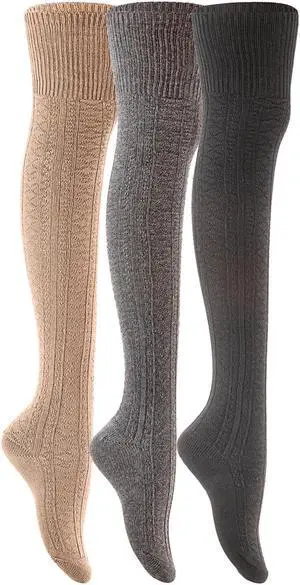 Lian LifeStyle Women's 3 Pairs Adorable, Super Comfortable and Ultra-Soft Thigh High Cotton Natural Socks L1025-05 Size 6-9 (Khaki,DarkGrey,Black)