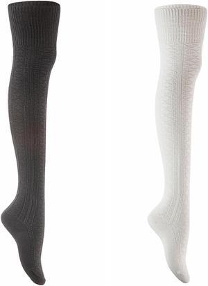Lian LifeStyle Women's 2 Pairs Super Comfortable And Fashionable Thigh High Cotton Socks for everyday relaxed feet LW1025 Size 6-9 (Black+Cream)