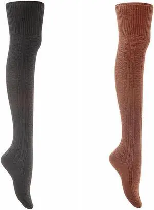 Lian LifeStyle Women's 2 Pairs Super Comfortable And Fashionable Thigh High Cotton Socks for everyday relaxed feet LW1025 Size 6-9 (Black+Coffee)
