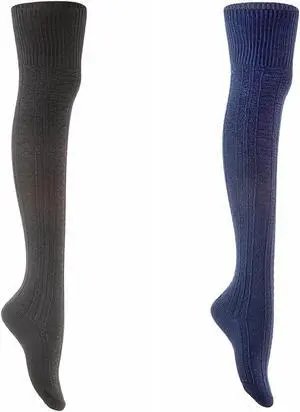 Lian LifeStyle Women's 2 Pairs Super Comfortable And Fashionable Thigh High Cotton Socks for everyday relaxed feet LW1025 Size 6-9 (Black+Navy)