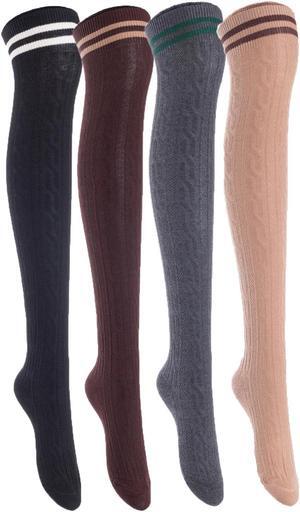 Lian LifeStyle Women's 4 Pairs Adorable, Super Comfortable and Ultra-Soft Thigh High Cotton Socks Size 6-9 LW1023 (Black,Coffee,DarkGrey,Khaki)