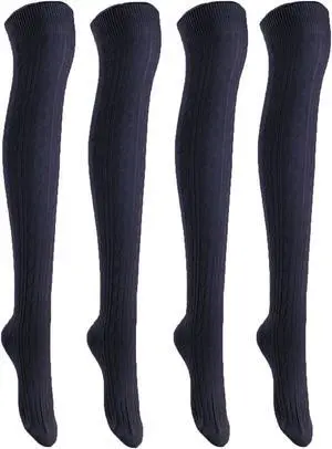 Lian LifeStyle Big Girl's Women's 4 Pairs Exquisite And Super Comfortable Thigh High Cotton Socks In Vibrant Unique Color Size 6-9 (Navy)