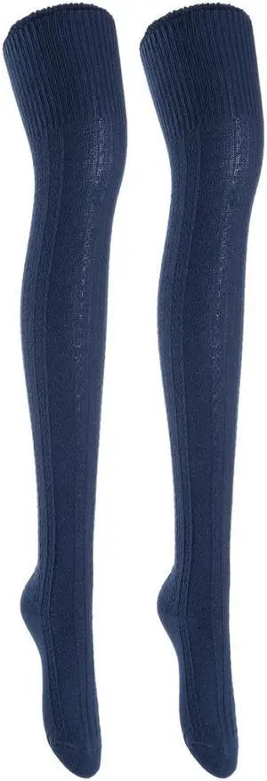 Lian LifeStyle Women's 2 Pairs Adorable, Super Comfortable And Fashionable Thigh High Cotton Socks for everyday relaxed feet LW1025 Size 6-9(Navy)