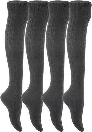 Lian LifeStyle Big Girls' Women's 4 Pairs Exquisite Thigh High Cotton Socks In Vibrant Unique Color LBG1024 Size 6-9 (Black,Dark Grey,Grey,CreamWhite)