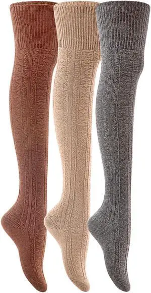 Lian LifeStyle Women's 3 Pairs Fashionable, Super Comfortable and Ultra-Soft Thigh High Natural Cotton Socks L1025-02 Size 6-9(Coffee,Beige,DarkGrey)