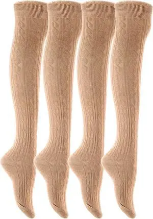 Lian LifeStyle Women's 4 Pairs Adorable, Fashionable, Super Comfortable and Ultra-Soft Thigh High Natural Cotton Socks L1024 Size 6-9 (Beige)