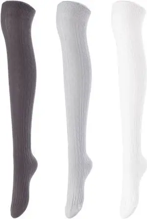 Lovely Annie Women's 3 Pairs Incredible Durable Super Soft Unique Over Knee High Thigh High Cotton Socks Size 6-9 A1024 (Dark Grey,Grey,Cream)