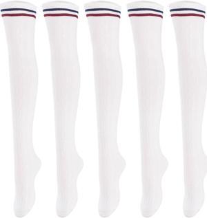 Lovely Annie Women's 5 Pairs Incredible Durable Super Soft Unique Over Knee High Thigh High Cotton Socks Size 6-9 A1023(White)